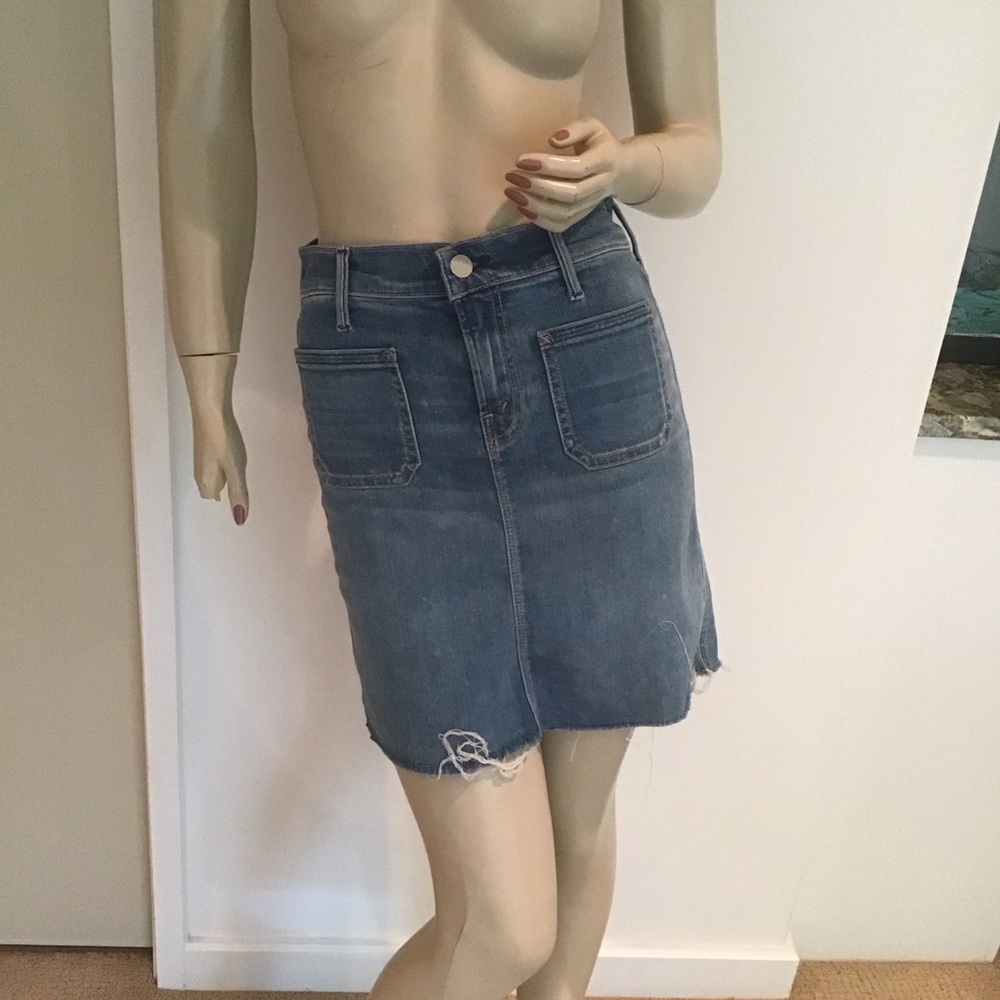 Mother Denim Patchie Mini‎ Fray Raw Hem Birds of Paradise Stretch Jean Skirt 24